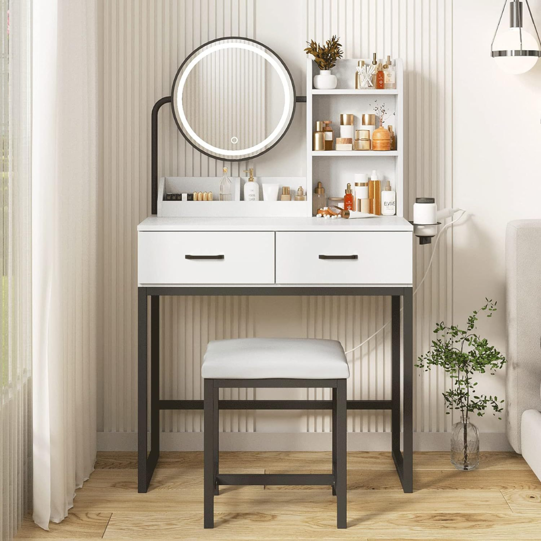 Elegáns fehér WC asztal LED tükörrel, fiókokkal és tabuval