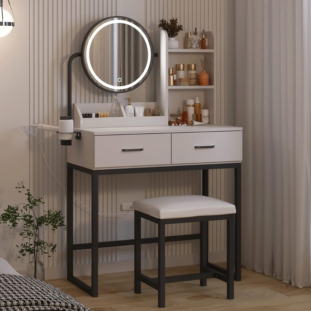 Elegáns fehér WC asztal LED tükörrel, fiókokkal és tabuval