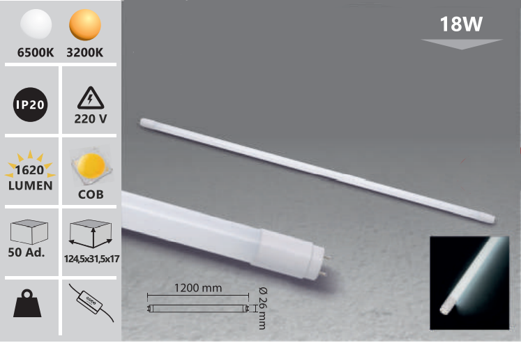 LED cső 6500 k fehér 120 cm 18W