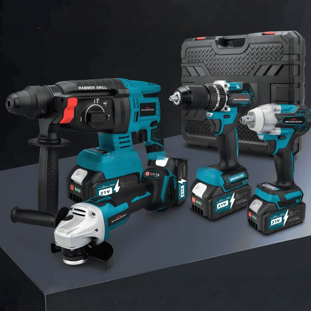 Acu szerszámkészlet 4u1 Brushless – fúró, ütvecsavarozó, sarokcsiszoló és SDS kalapács